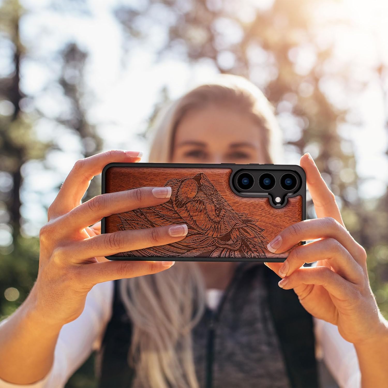Carveit Wood Case for Galaxy S24 Case [Natural Wood & Black Soft TPU] Shockproof Protective Cover Unique Wooden Design Compatible with Samsung S24 (Ornate Lion's Head-Rosy)