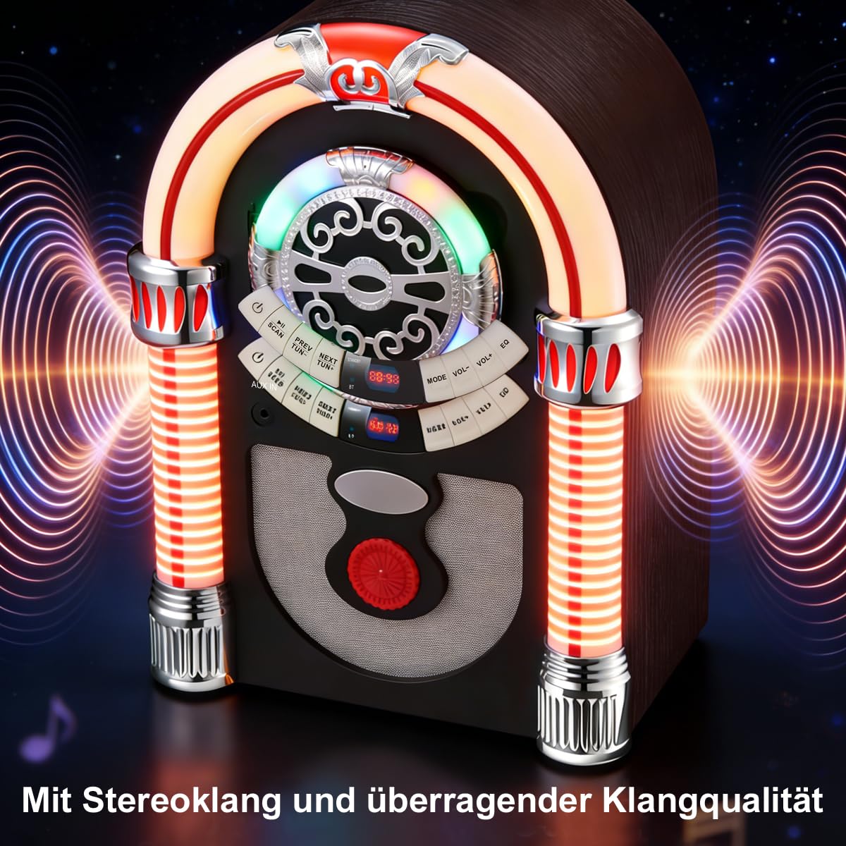 Retro Jukebox Musikbox mit CD-Spieler, Musikanlage Nostalgie Design, Bluetooth, Vintage FM/UKW Radio Wireless für Zuhause, Aux-In Port und Farbwechsel LED Lichter (Braun)