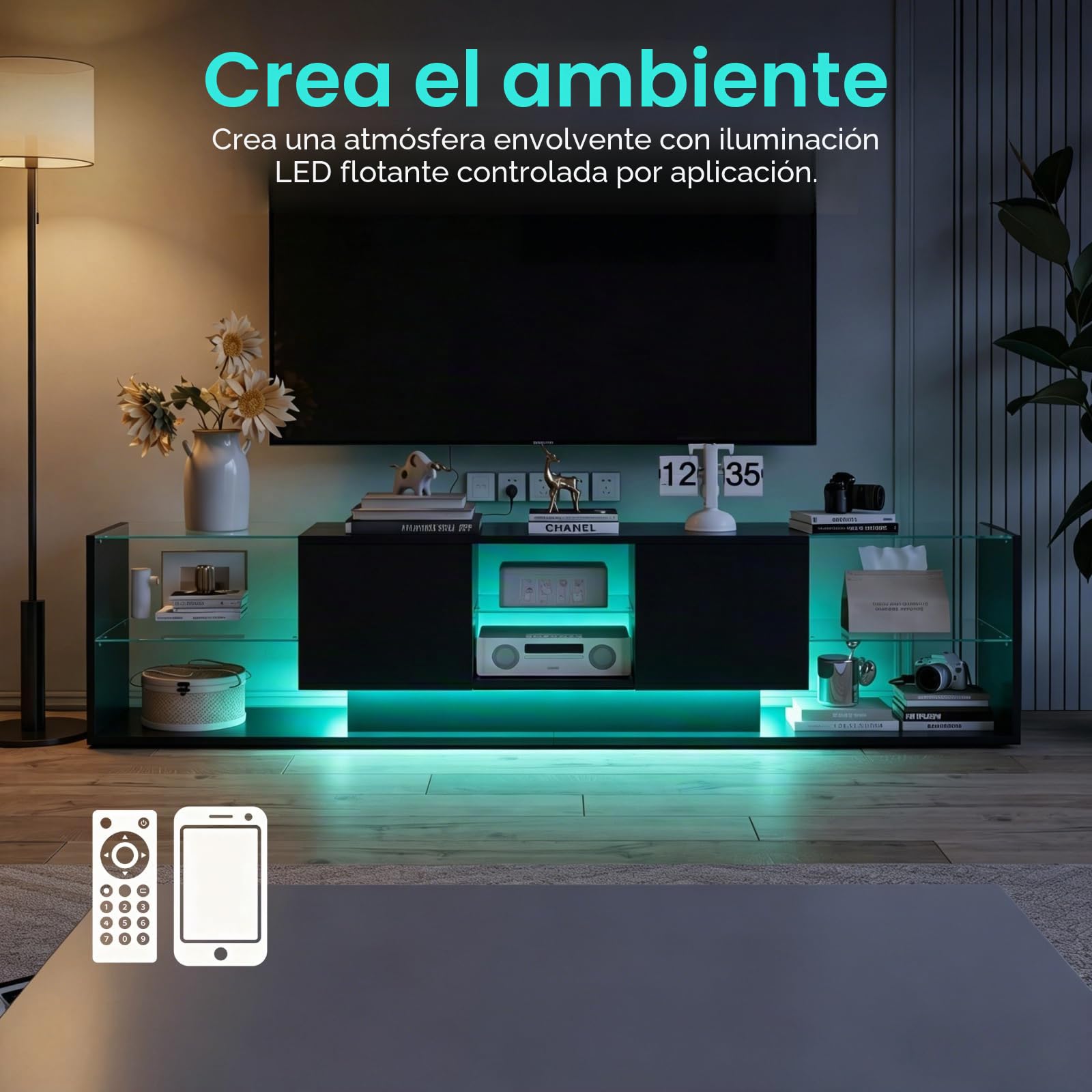 Mueble de TV con luces LED para televisores de hasta 85 pulgadas, moderno y brillante, con espacio de almacenamiento y estantes de cristal abiertos, para salón, dormitorio, color negro