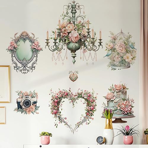 Hermosas calcomanías de pared de peonía de rosas en maceta, sacinora DIY candelabro de jaula de pájaros, espejo de cámara, patrón de amor,