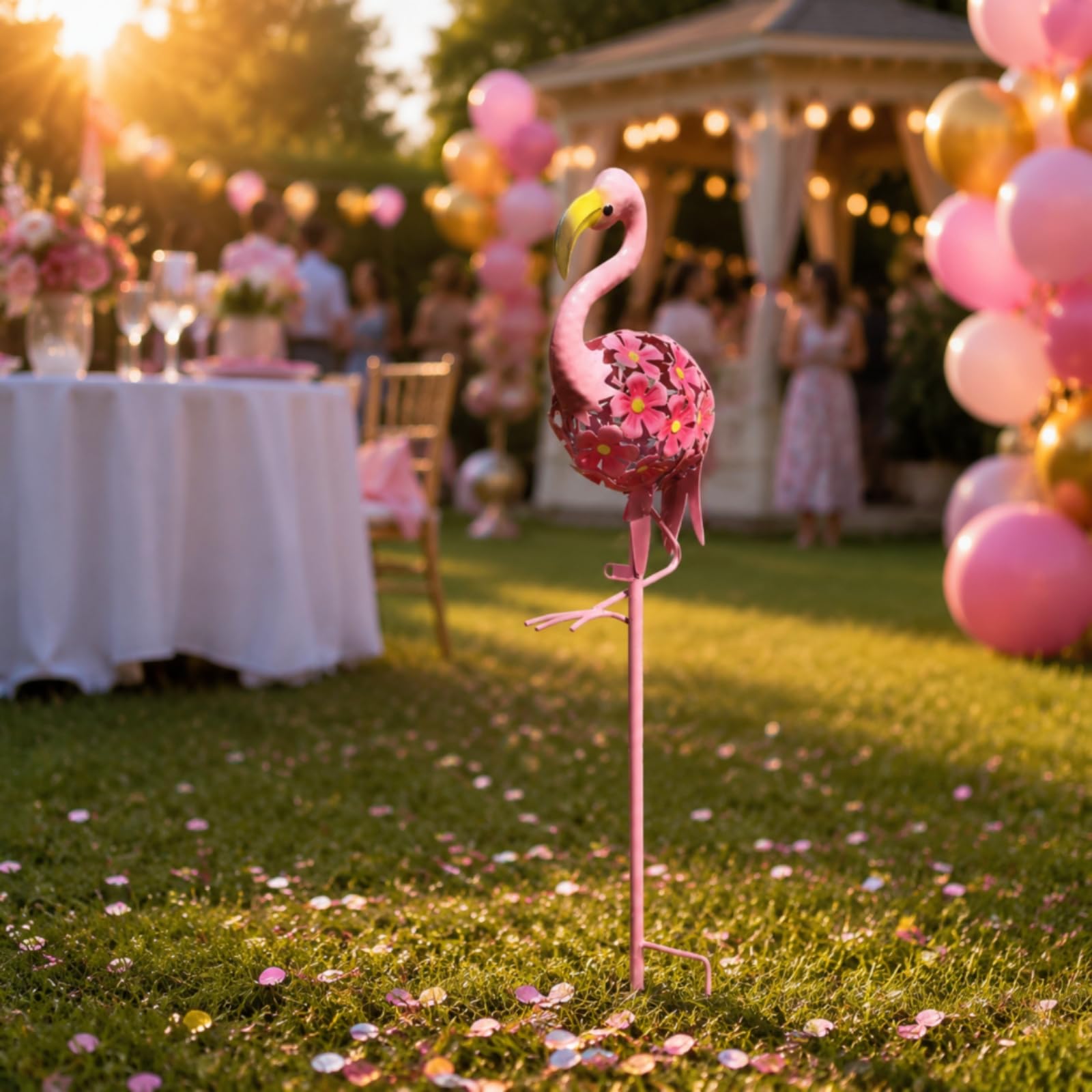 Flamingo Skulptur Metall Gartenfigur Deko Statue Gartenskulptur mit Blumenmuster Langlebig mit Bodenstecker für Hof Beet Balkon Außenbereich Dekoration 70cm