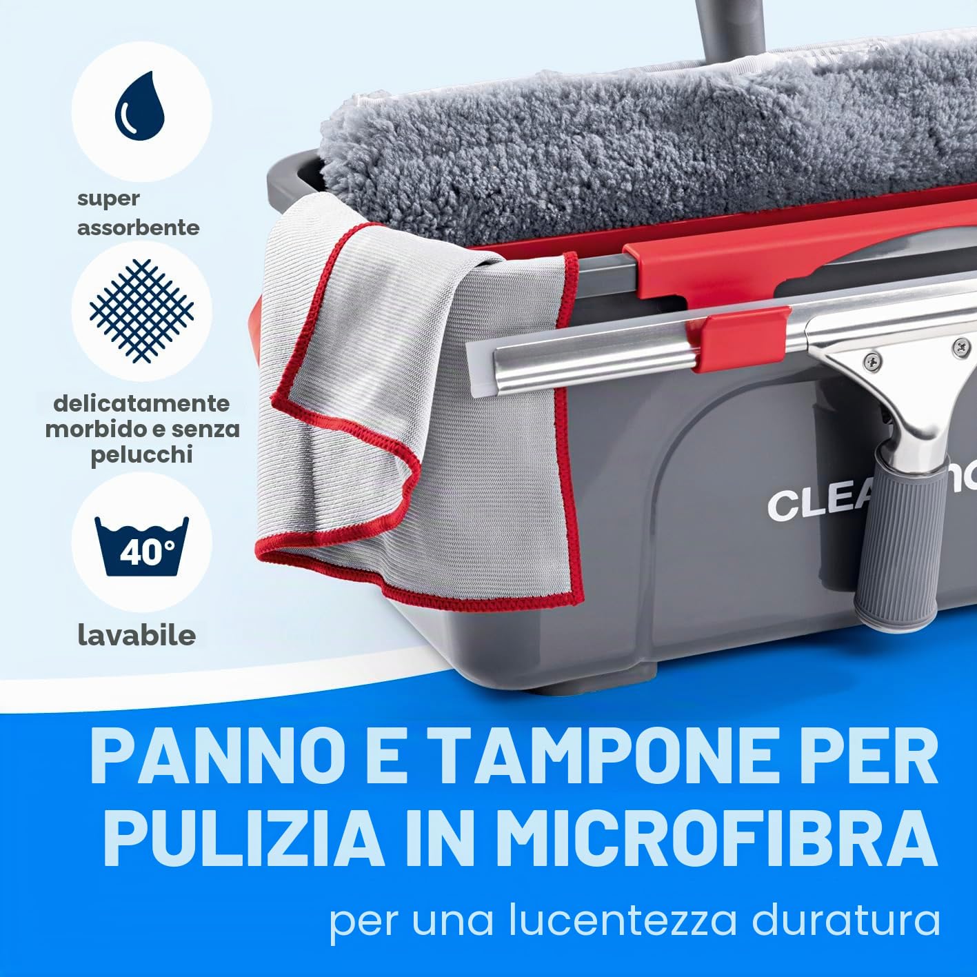 CLEANmaxx Detergente per vetri, set da 7 pezzi | Pulizia dei vetri senza aloni | Set completo con detergente, spatola per vetri, secchio, spatola, panno in microfibra | Ideale per casa, auto e doccia