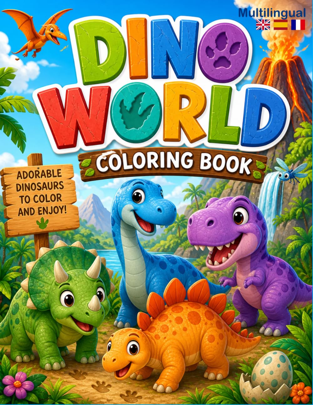 DINO WORLD: Cute Dinosaurs to Color and Enjoy ! (Multilingual Coloring Books for Children Ages 4+ (English))
