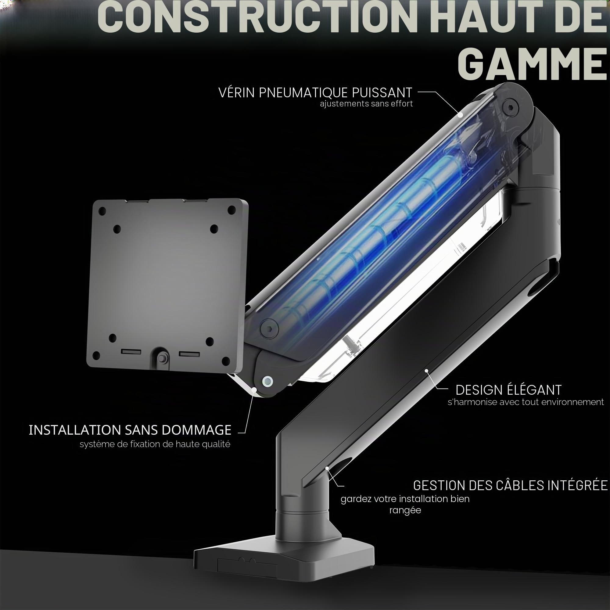 VIVO STAND-V101G1 Bras de Moniteur Robuste en Aluminium de qualité supérieure pour écrans Ultra Larges jusqu'à 124,5 cm et 15 kg, Hauteur pneumatique, VESA Max 100 x 100, Noir, STAND-V101G1