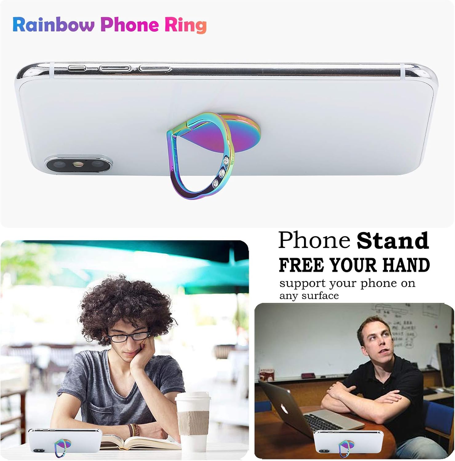 lenoup Rainbow Sparkle Cell Phone Ring Stand Holder,Glitter Bling Bling Rainbow Ring Grip Kickstand,360 Rotation Finger Ring for Almost All Phones,Pad