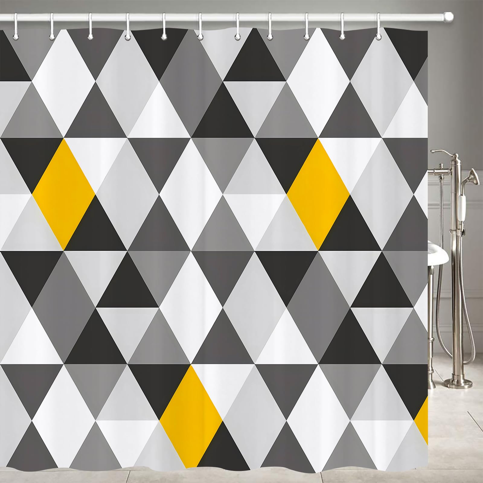 JOOCAR Design Shower Curtain, Geometric Abstract Triangle Grey Black White Yellow Pattern, Waterproof Cloth Fabric Bathroom Decor Set with Hooks, 72x72 Inch