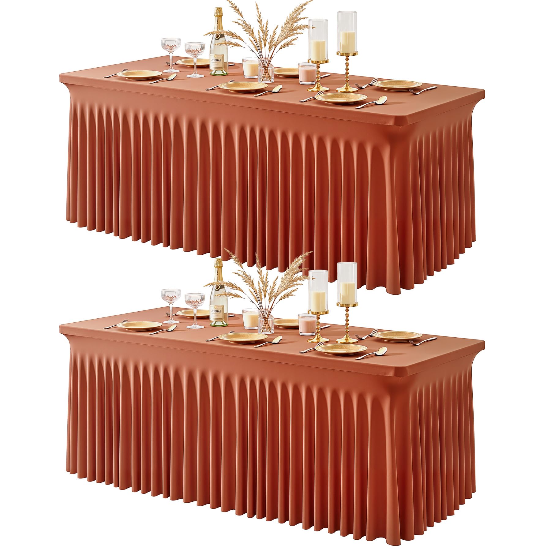 Photo 1 of 2 Packs Terracotta Spandex Tableclothes for 8 Foot Rectangle Tables, Wrinkle Free 8ft Fitted Table Cover Stretch Table Cloth Desk Skirt for Weddings Baby Shower Birthday Party Banquet Decorations