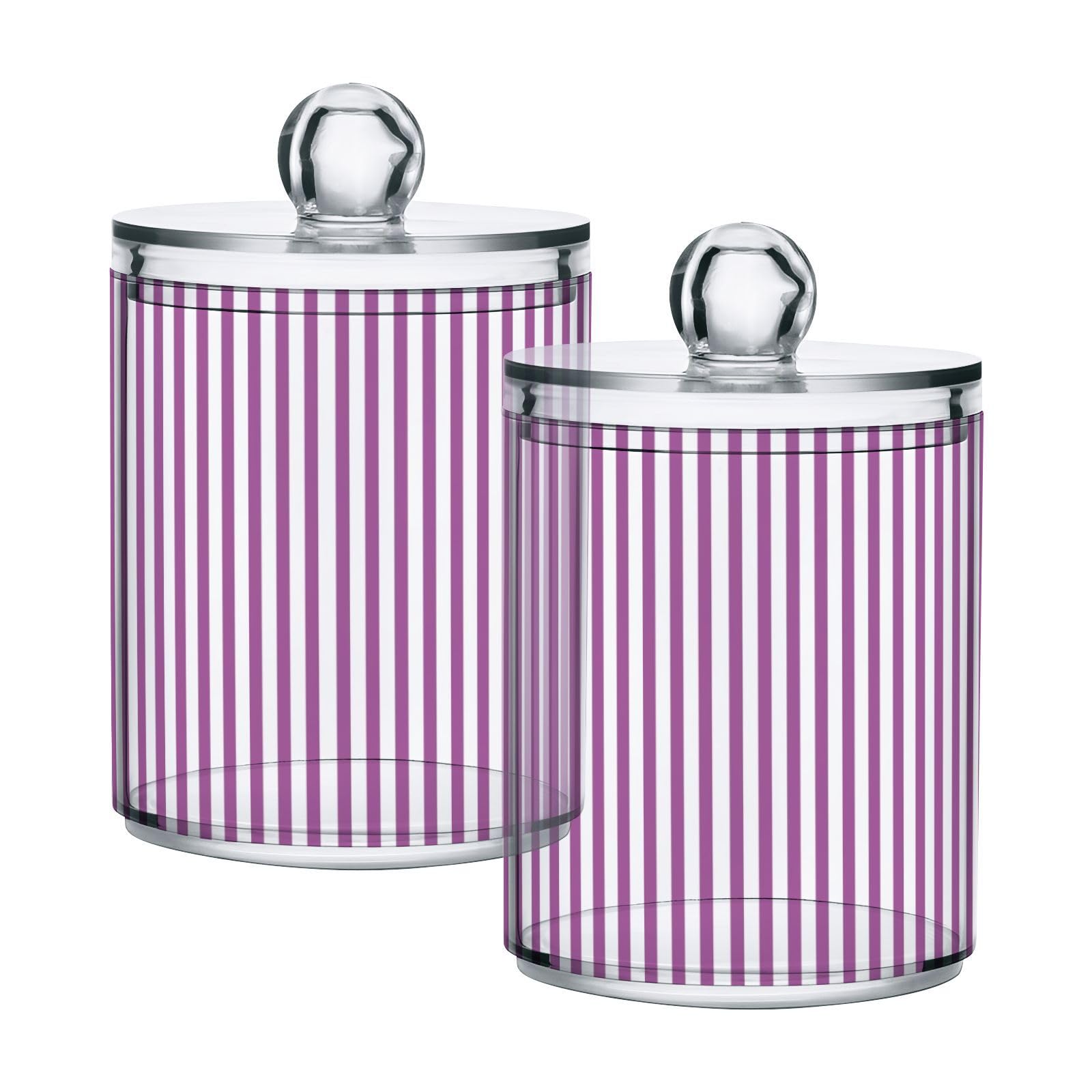 FLildon Purple White Stripes Qtip Holder Dispenser, Bathroom Organizer and Storage Containers, 2Pack Clear Plastic Apothecary Jars with Lids for Cotton Ball, Cotton Swab, Floss