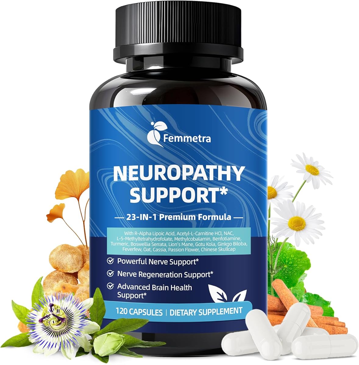 Nerve & Peripheral Neuropathy Support Supplement with 1200mg R-Alpha Lipoic Acid L-Carnitine Vitamin B12 B1 B6 D3 E Folate Lions Mane NAC Magnesium Turmeric - Liver Detox, Antioxidant & Mental Support