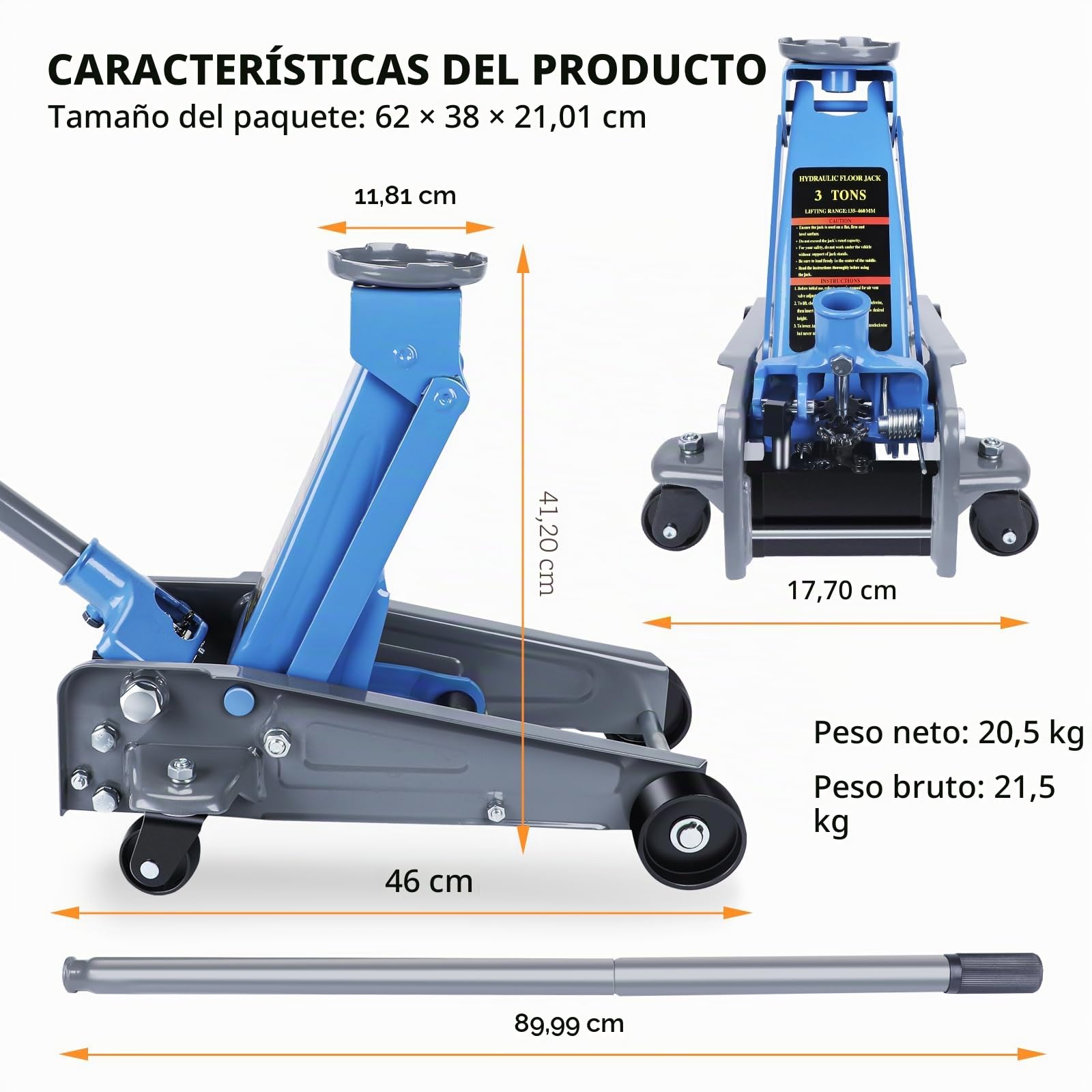 Larbanke Gato de Suelo de Perfil Bajo de 3T, Hecho de Acero al Carbono Duradero,Altura de Elevación 135-460 MM,Gato de Engranaje Hidráulico,Adecuado para Varios Automóviles