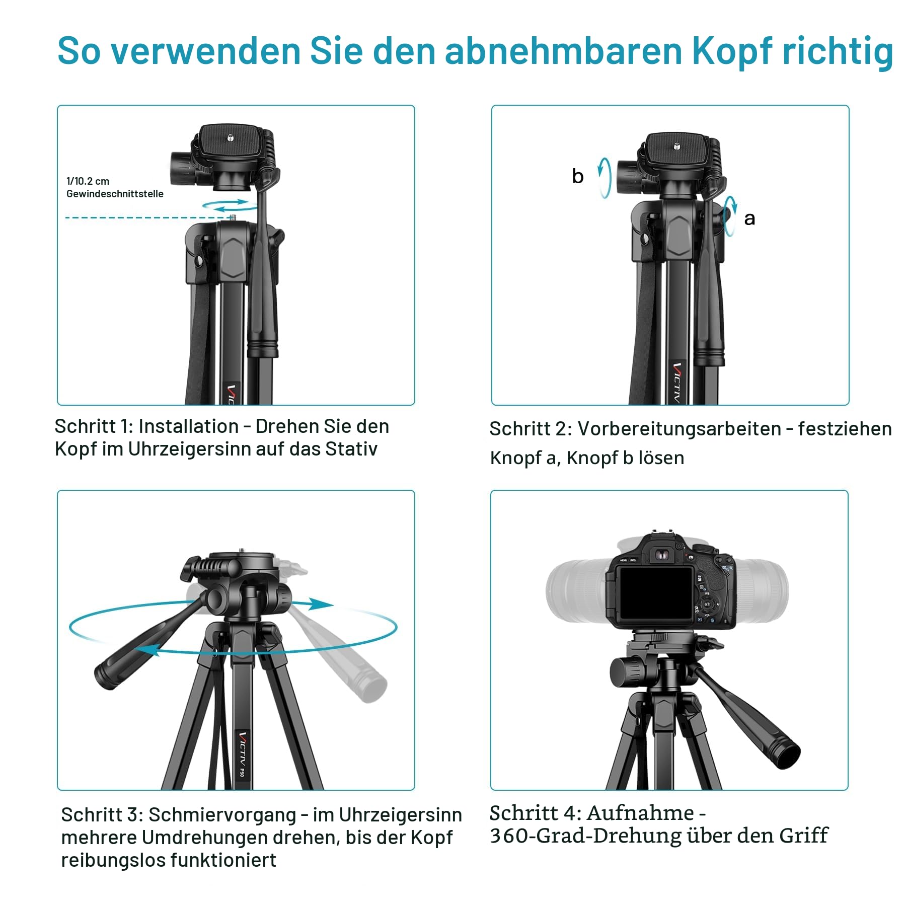 Victiv Neues Kamera Handy Stativ, 172cm Tragbares Camera Tripod, Aluminium Dreibein Stativ mit Abnehmbar 3-Wege-Kopf for für DSLR Canon Nikon Sony Action Kamera, Fotostativ für iPhone Smartphone