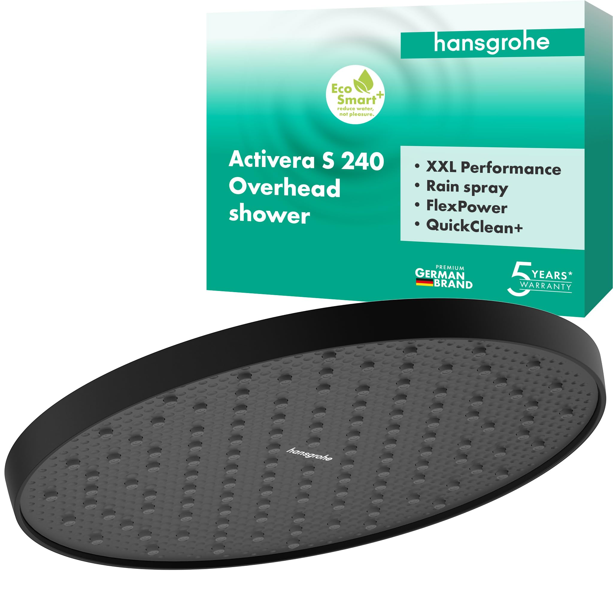 hansgrohe Activera S - rociador de ducha ahorro de agua (EcoSmart+), ducha fija redondo (240 mm), cabezal de ducha lluvia con 1 tipo de chorro para conexión pared y techo, negro mate, 28057670