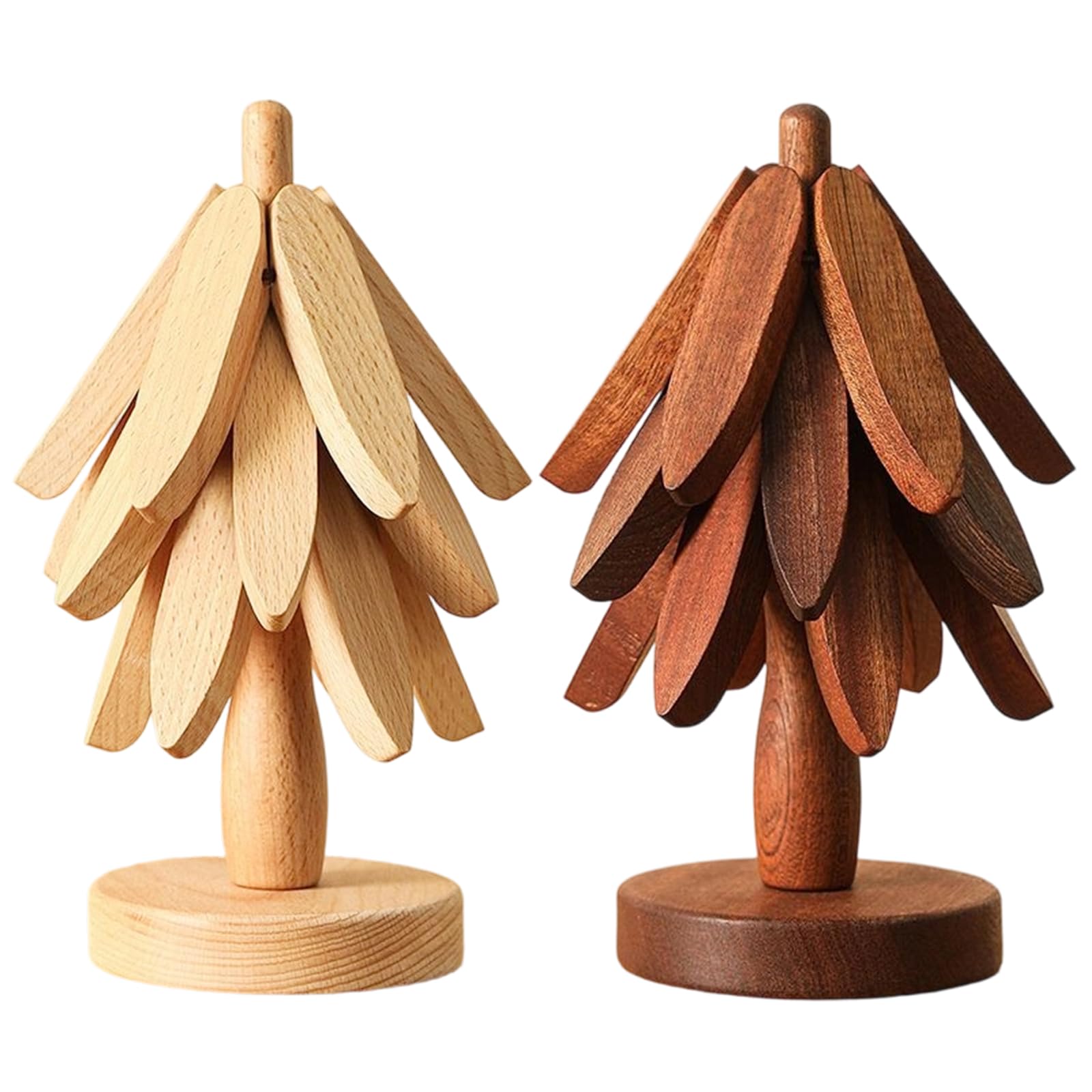 2 Pack Wooden Tree Trivet Set, Stackable Heat Resistant Trivets for Hot Pans, Natural Bamboo Placemats with Storage Base, Non-Slip Tree Coasters for Kitchen Bowls