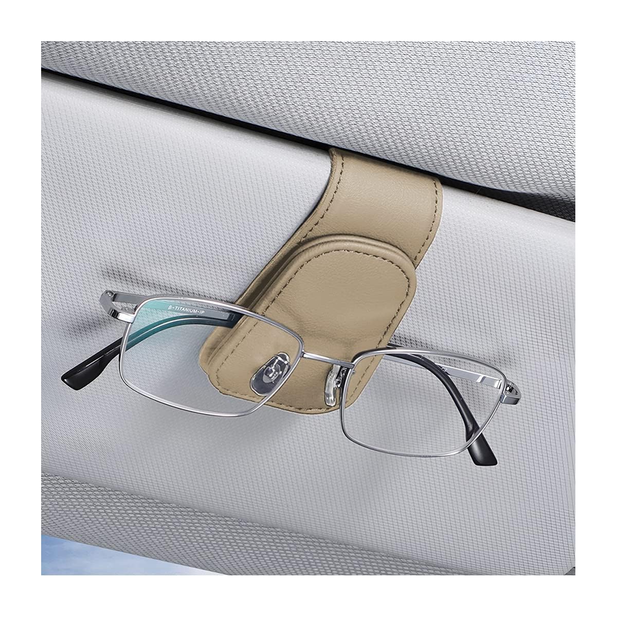 AICEL Sunglasses Holders for Car Sun Visor, Leather Magnetic Clip, Beige