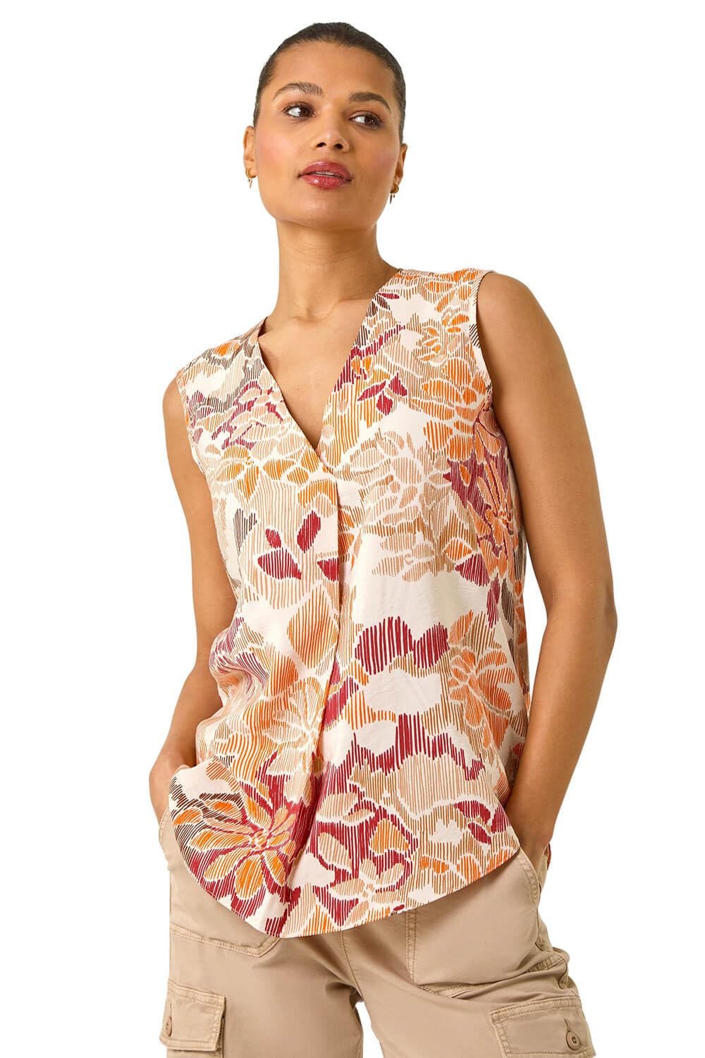 Roman Women's Orange Floral Print V-Neck Vest Top In | : Size 10
