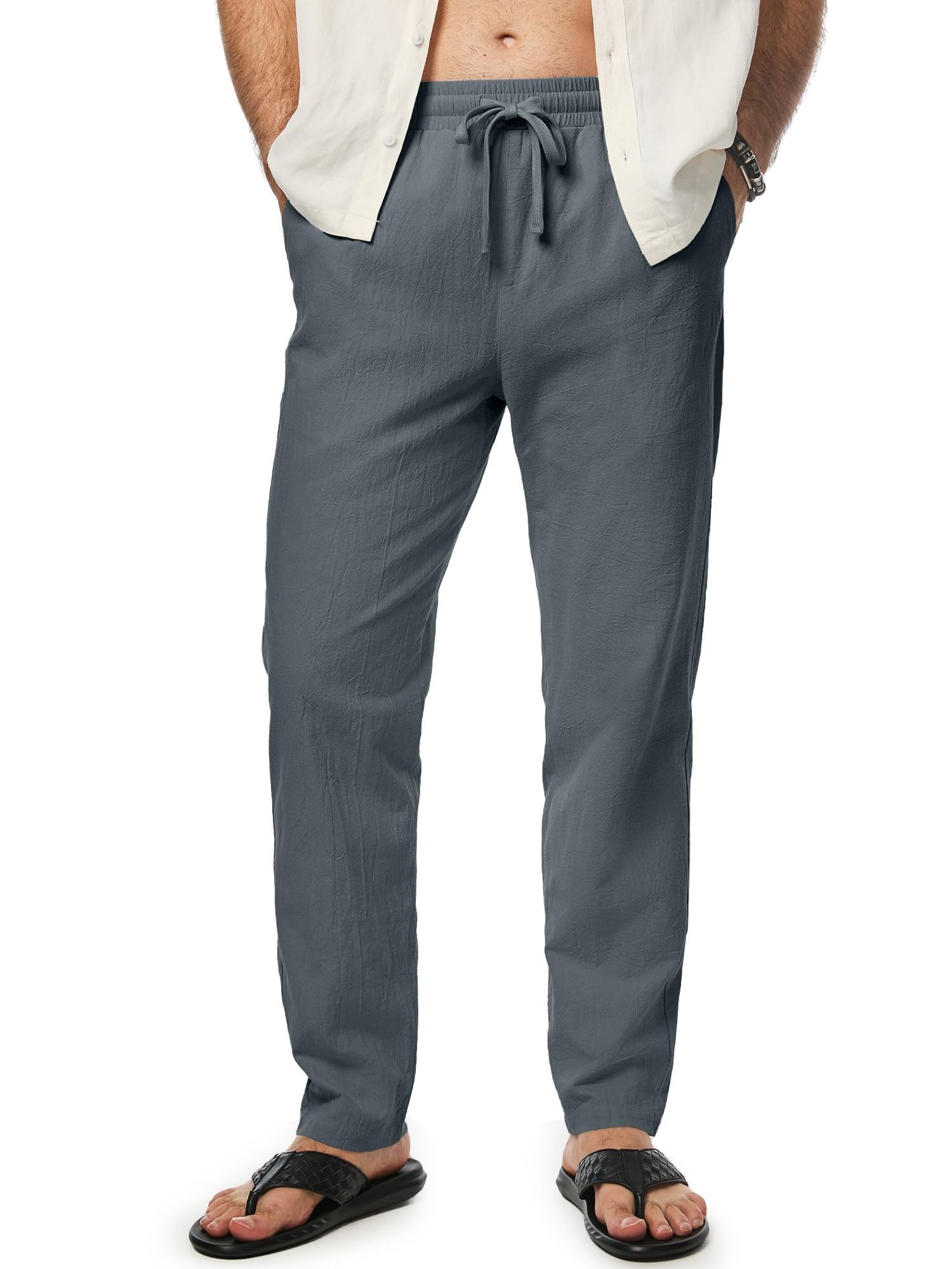 Mens Casual Pants Cotton Textured Lightweight Drawstring Pants with Pockets Summer Beach Vacation Pants