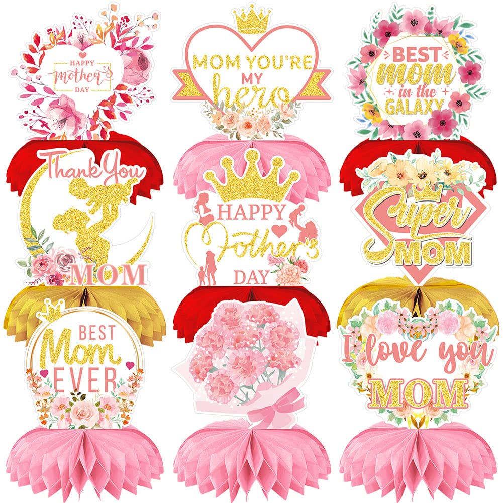 Awyjcas 9pcs Mothers Day Table Decorations, Mother's Day Decorations Honeycomb Centerpiece,Mothers Day Centerpiece Decorations Mothers Day Party Supplies