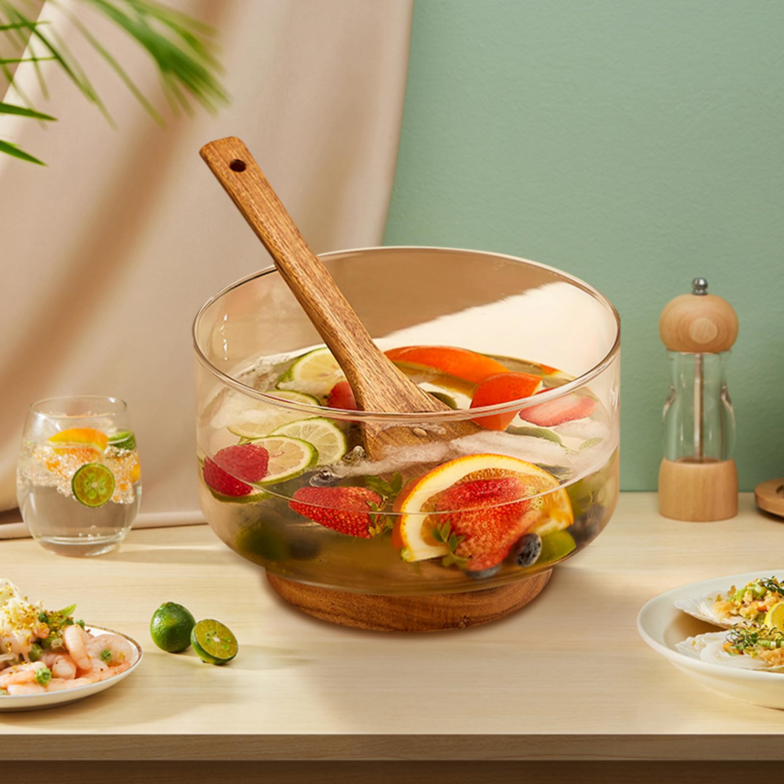 Ensaladera grande con 1 cuchara y 1 cucharada, cuenco de ensalada de vidrio con base, servir para fiestas, frutas, ensalada, patatas fritas