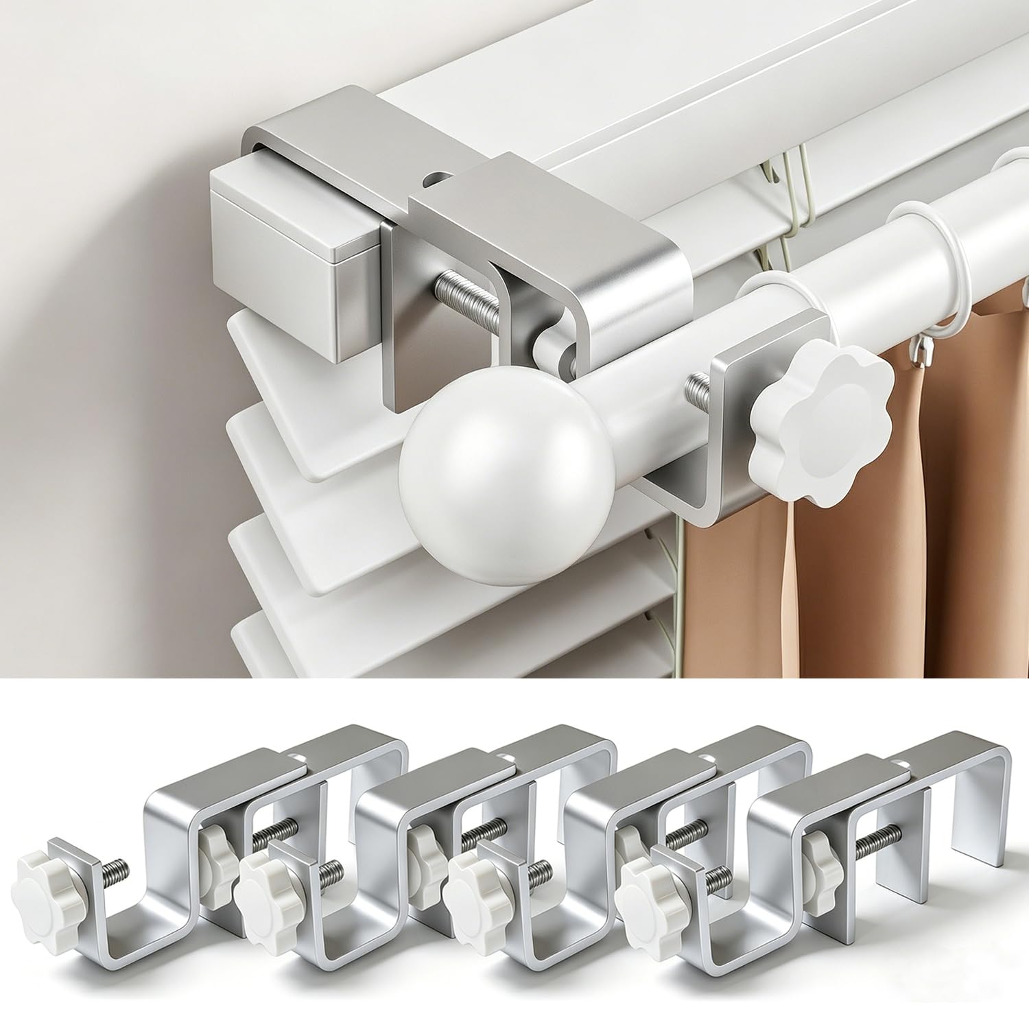 Mimiio No Drill Curtain Rod Brackets for Outside-Mount Blinds, Tool-Free Over-Blind Curtain Rod Holders, Fits 1-2" Rectangular Headrails, No Wall Damage, Renter Friendly Window Hardware, 4 Pack,Silver