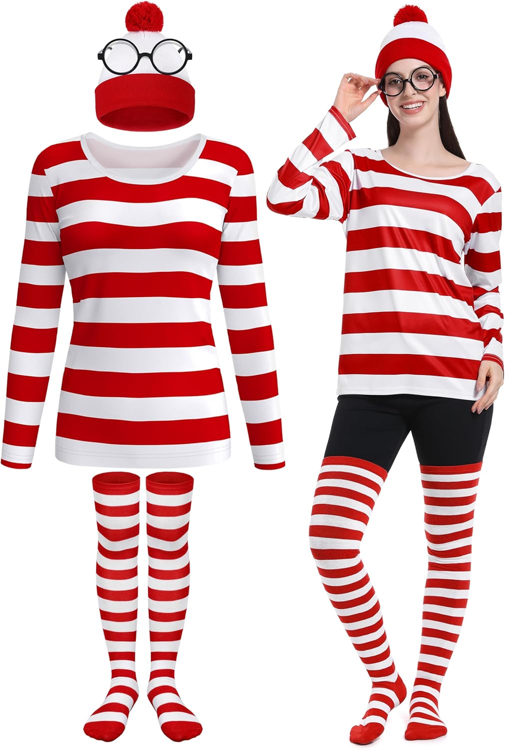 4 Pieces Adult Halloween Costume Set, Womens Costume Set Cosplay Red and White Striped Shirt Beanie Hat Nerd Glasses