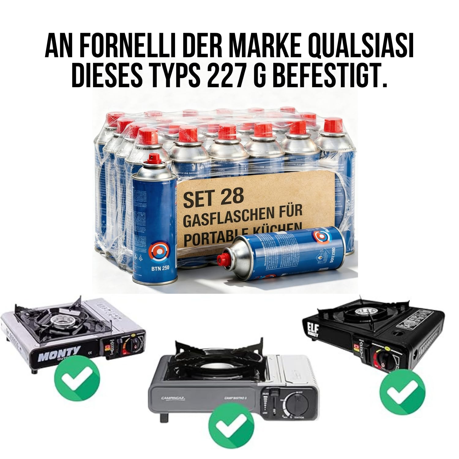 Campingkocher + 4 Gaskartuschen 227g Butane EN417 Inklusive - Portabler Gaskocher Adapter Kartusche Leicht Kompakt - Camping Wandern Innenbereich Notfall (28 Gaskartuschen)