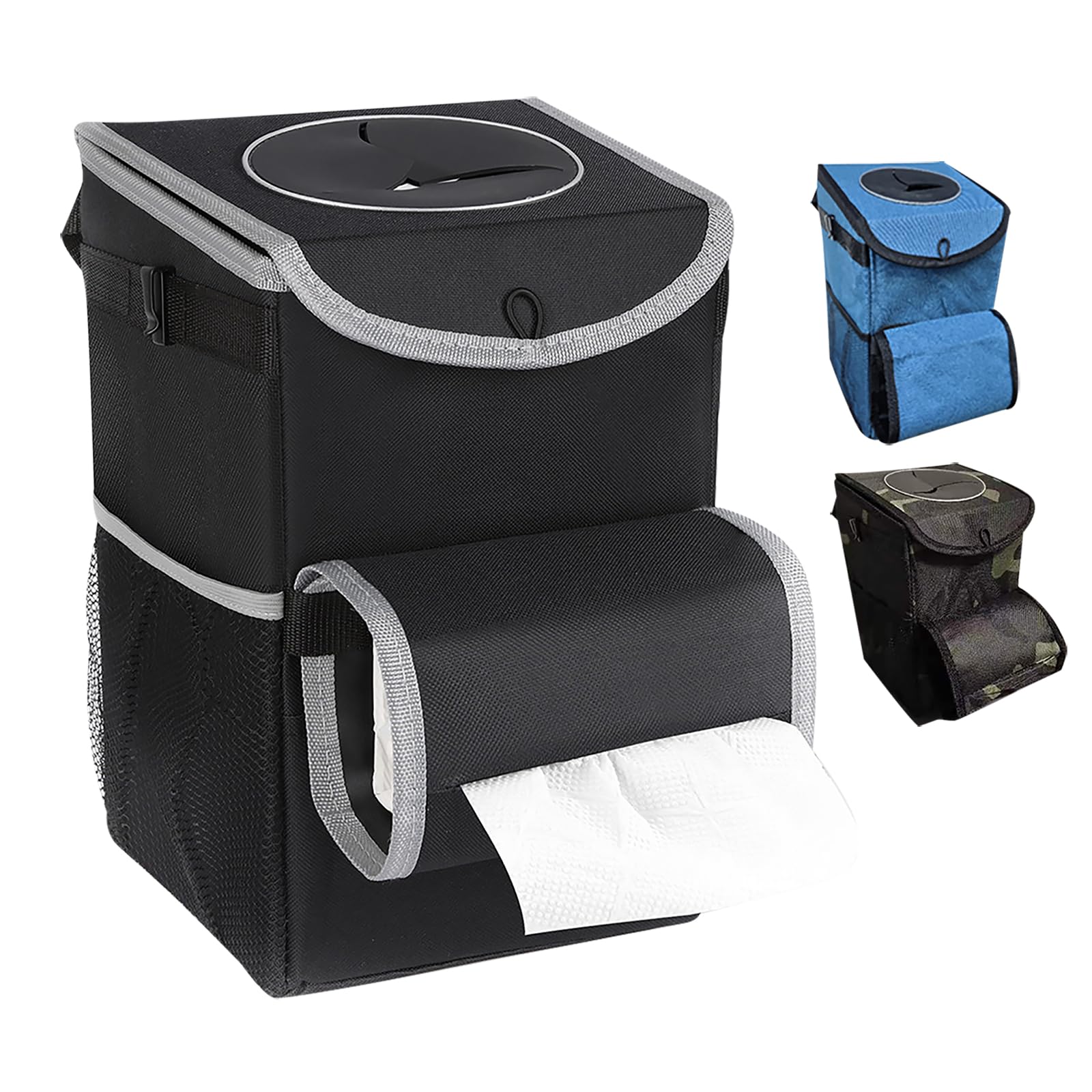 HiVehicle Car Trash Can with Lid – 3.5 Gallons Automotive Garbage Cans with Removable Leak-Proof Liner,Adjustable Tissue Holder & Storage Pockets,Large Capacity Foldable Car Trash Bin(Black)