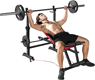 SPORTNOW Banco de Musculación Multifuncional, Carga 300 kg, Banco de Pesas Inclinable con Soporte para Barras Ajustable, Asiento y Respaldo Regulable, para Entrenamiento Completo en Casa Gimnasio