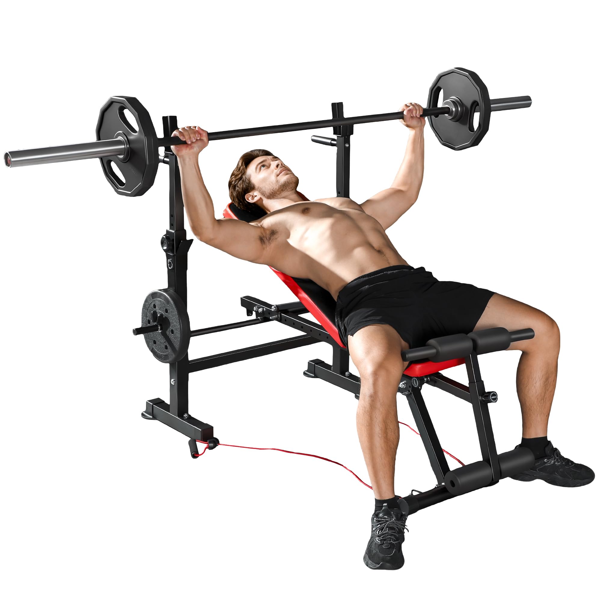 SPORTNOW Banco de Musculación Multifuncional, Carga 300 kg, Banco de Pesas Inclinable con Soporte para Barras Ajustable, Asiento y Respaldo Regulable, para Entrenamiento Completo en Casa Gimnasio