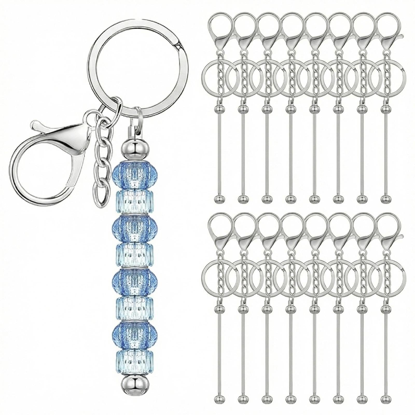 Dryxog Selber 16Pcs Blank Beadable Keychain Bars, Silver Metal Keyring Blanks, Keychain Accessories, Cute Phone Charm, Beaded Phone Strap, Diy Supplies For Jewelry Making Gifts (Beads Not Included)