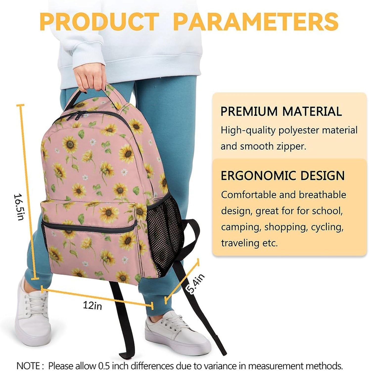 Sunflower Backpacks for Girls & Women, Large Capacity Backpack for School, Cute Pink Lightweight Bookbag for Kids