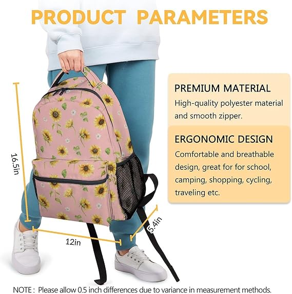 Sunflower Backpacks for Girls & Women, Large Capacity Backpack for School, Cute Pink Lightweight Bookbag for Kids