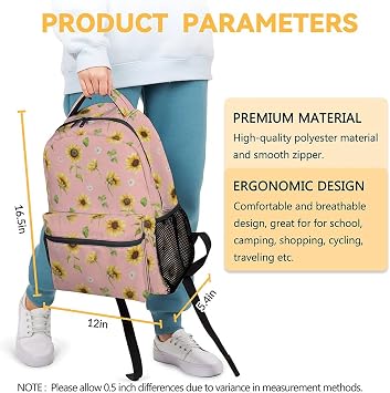 Sunflower Backpacks for Girls & Women, Large Capacity Backpack for School, Cute Pink Lightweight Bookbag for Kids
