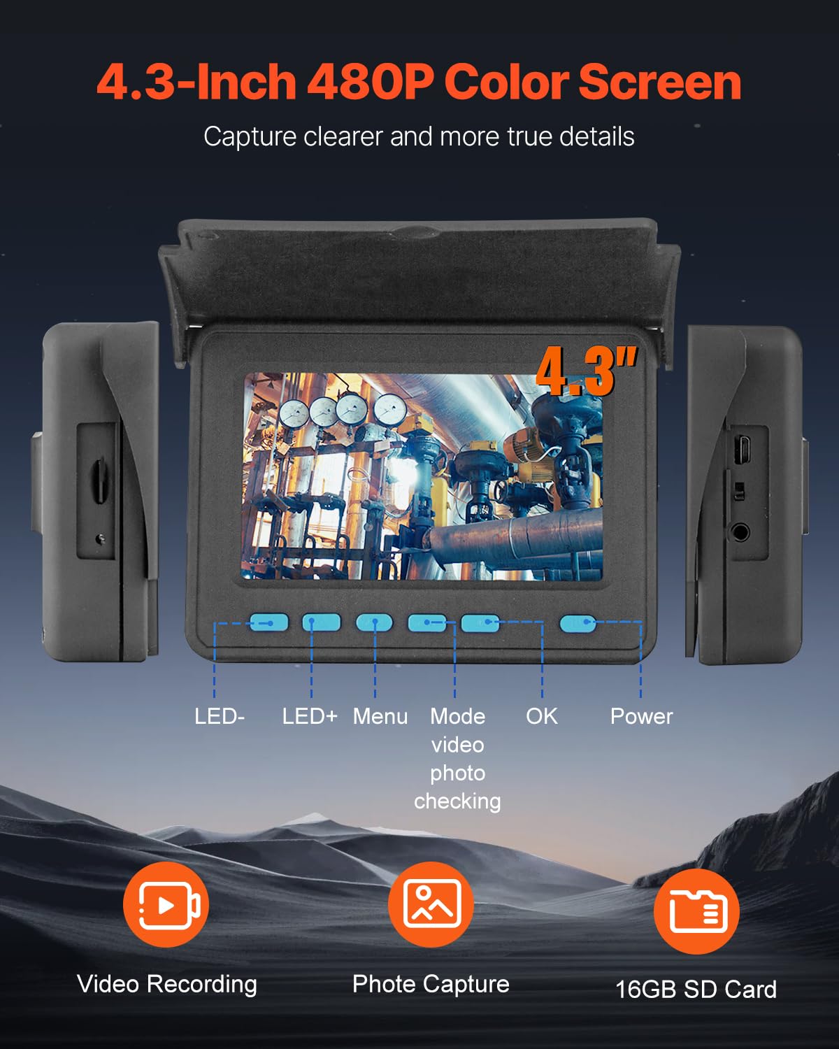 VEVOR Caméra Inspection Canalisation 50 m Endoscope Drain avec Écran 4,3'' avec Lumière 6 LED Réglables, Carte SD 16 Go, Zoom 3X, Vidéo, Étanche IP68, pour Conduit, Égout, Plomberie, Tuyaux, Maison