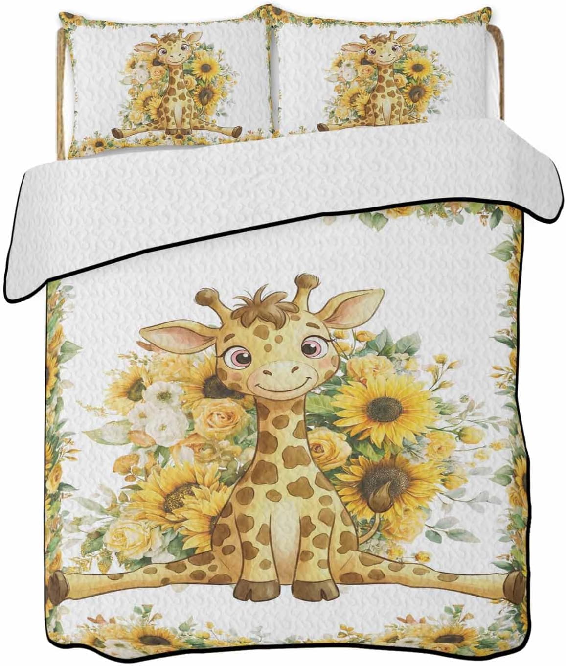 Twin XL Quilt Set, Children's Day Cute Giraffe Lightweight Soft Microfiber Summer Bedspread Coverlet with 2 Pillow Shams, Farm Sunflowers 3 Piece Bedding Set for All Seasons