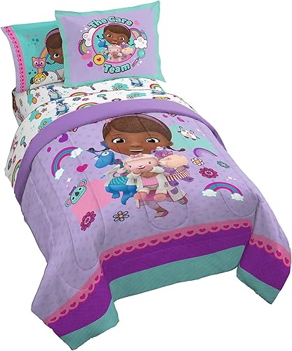 Jay Franco Disney Junior Doc McStuffins Hospital - Juego de ropa de cama individual de 5 piezas, incluye edredón reversible y juego de sábanas,