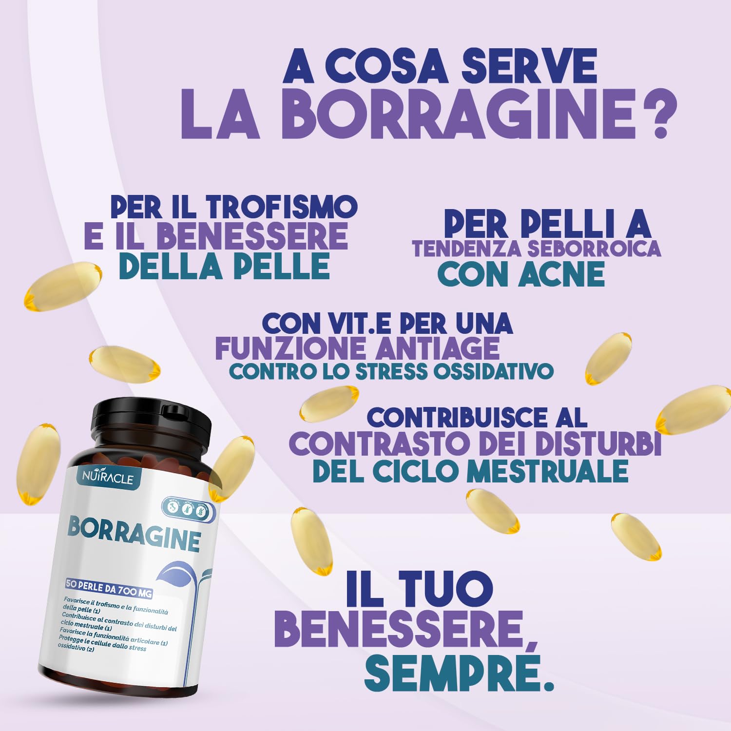 Nutracle Borragine perle da 700 mg Integratore per pelle e capelli - Olio di Borragine ricco di Acido Gamma Linoleico (GLA 20% Omega 6) Disturbi ciclo mestruale, acne (50 perle (confezione da 1))