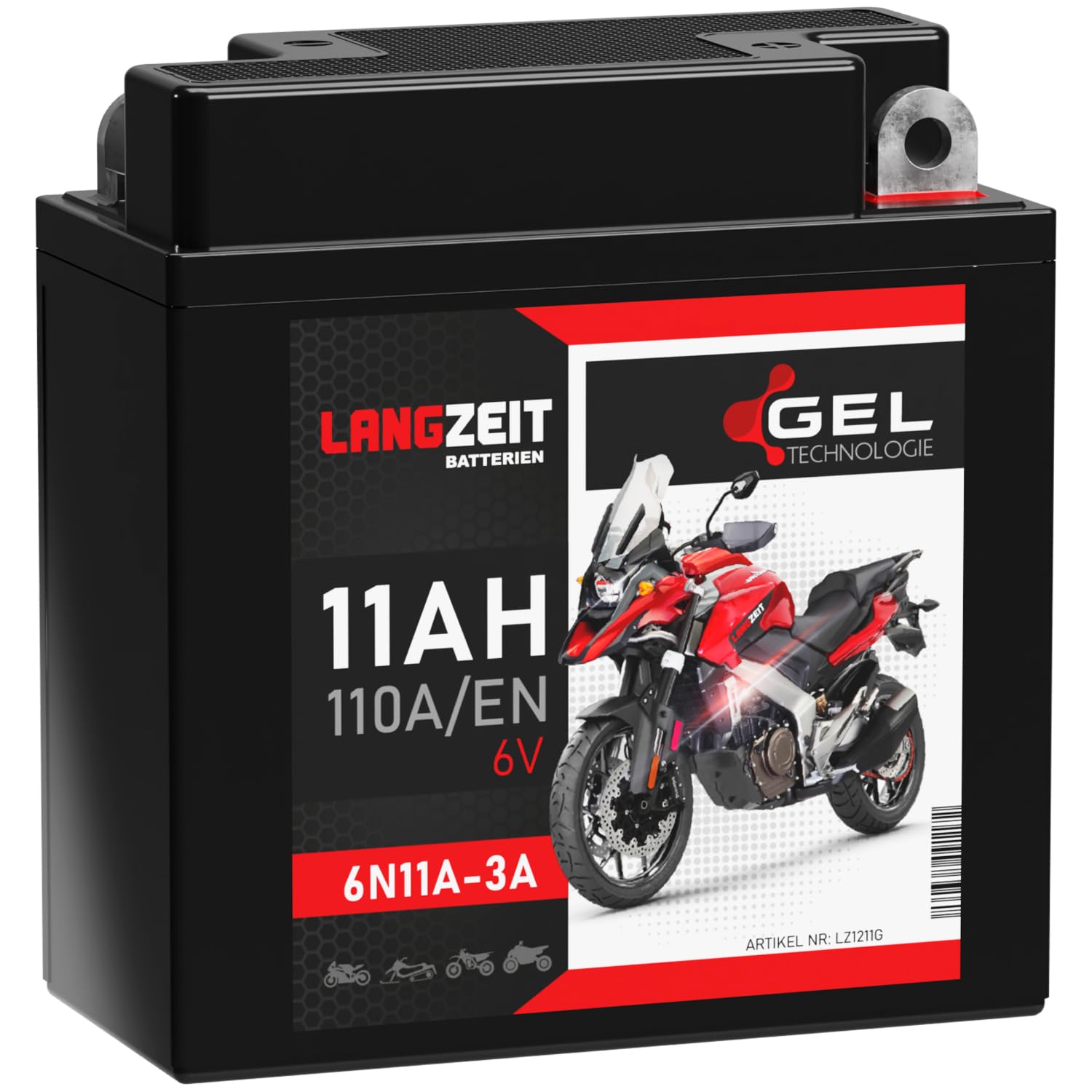 LANGZEIT 6N11A-1B Motorradbatterie GEL 6V 11Ah 110A EN 1211