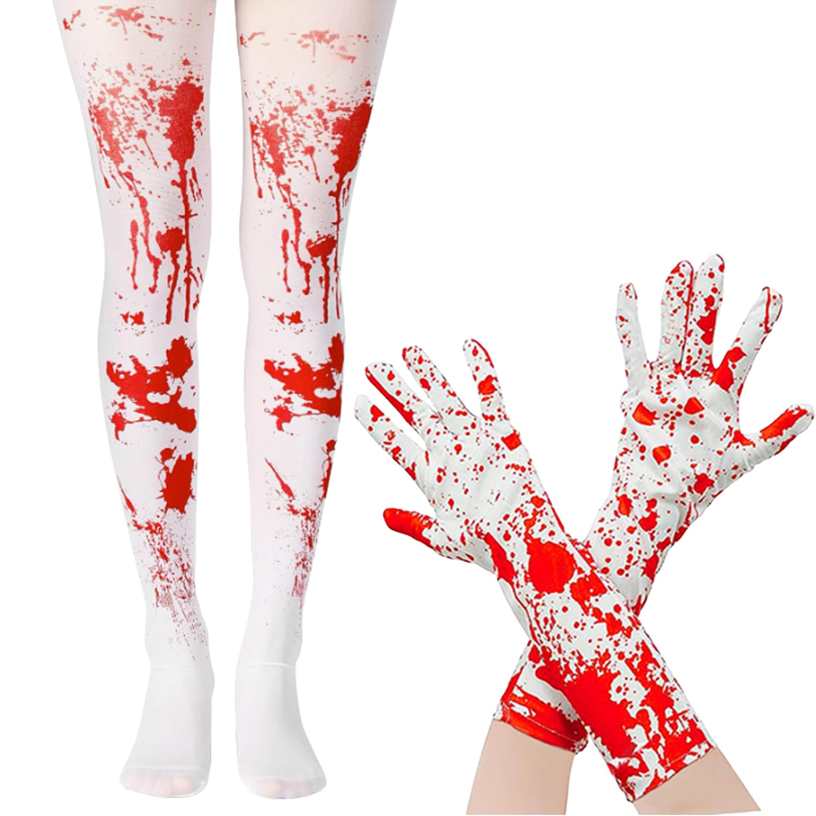 GWAWG 2PCS Girls Blood Stained Tights and Blood Gloves for Kids Halloween Costumes Red and White Blood Stained Tights for Ages 7-12 Long Sleeve Full Finger Gloves Women Stockings for Halloween Cosplay