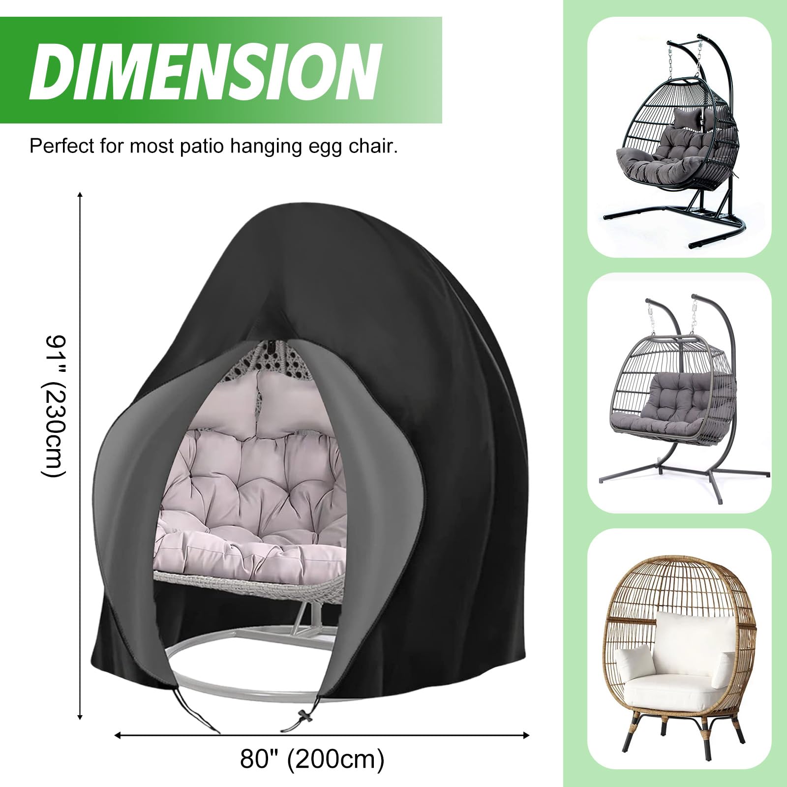 Hängesessel Abdeckung Hängestuhl Schutzhülle Ei-Stuhlbezug Patio Outdoor Swing Egg Chair Cover Wasserdicht Anti-Staub mit Reißverschluss 210D Oxford Hängekorb Schwingsessel Abdeckhauben 200 x 230 cm