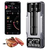 Vista 11 de Termómetro inalámbrico para carne con alertas inteligentes y alcance Bluetooth de 800 pies, 2 sondas, termómetro de parrilla con base independiente
