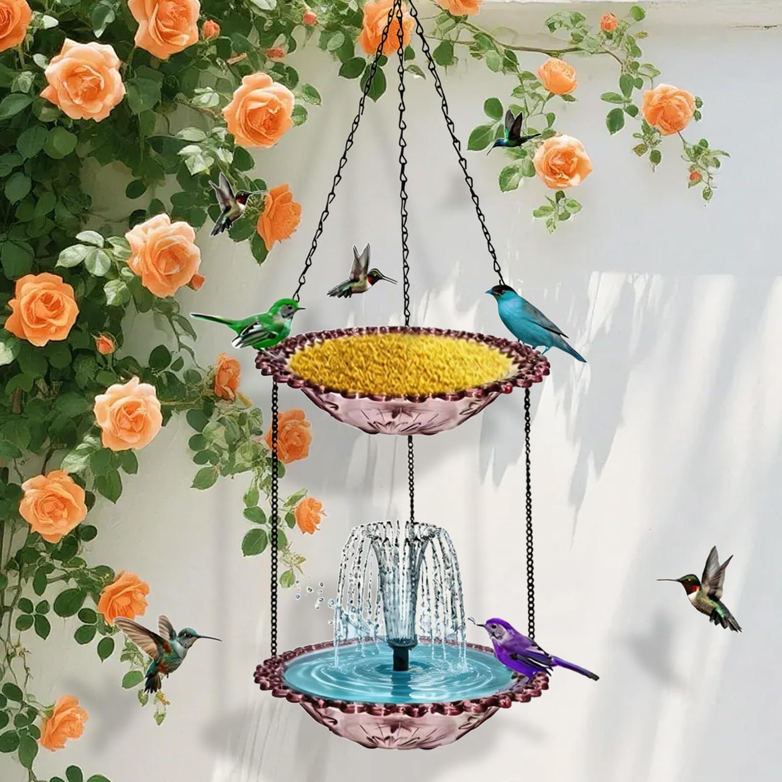 Fontana Solare per Uccelli con Bagno Cascata da Giardino con Mangiatoia | Fontana Solare per Uccelli per Terrazzo Giardino Cortile Balcone Arredo Esterno Paesaggistica