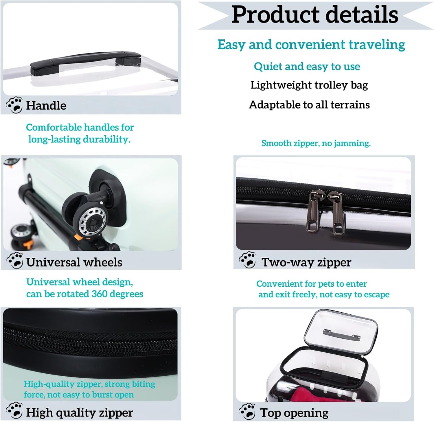 Portable Pet Carrier with Wheels, Clear Rolling Cat Travel Case, Retractable Handle, Breathable Design, 360°Castors,Case for Cats & Small Dogs, Ideal for Travel, Hiking & Trips,19x14x18 inches (5)