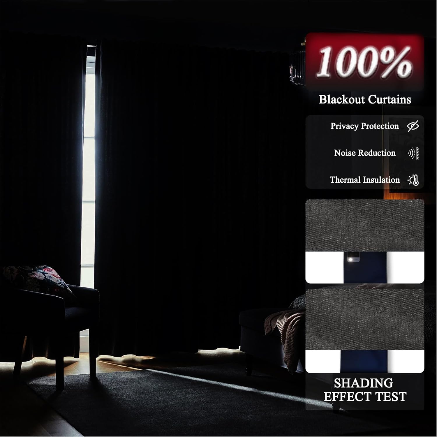 Fcosie 100% Blackout Movie Curtains for Home Theater, 102" W x 84" L, Chenille Drapes with Pinch Pleat Top, Energy Efficient Window Drapery, Full Light Blocking Draperies, Charcoal Grey, 1 Panel