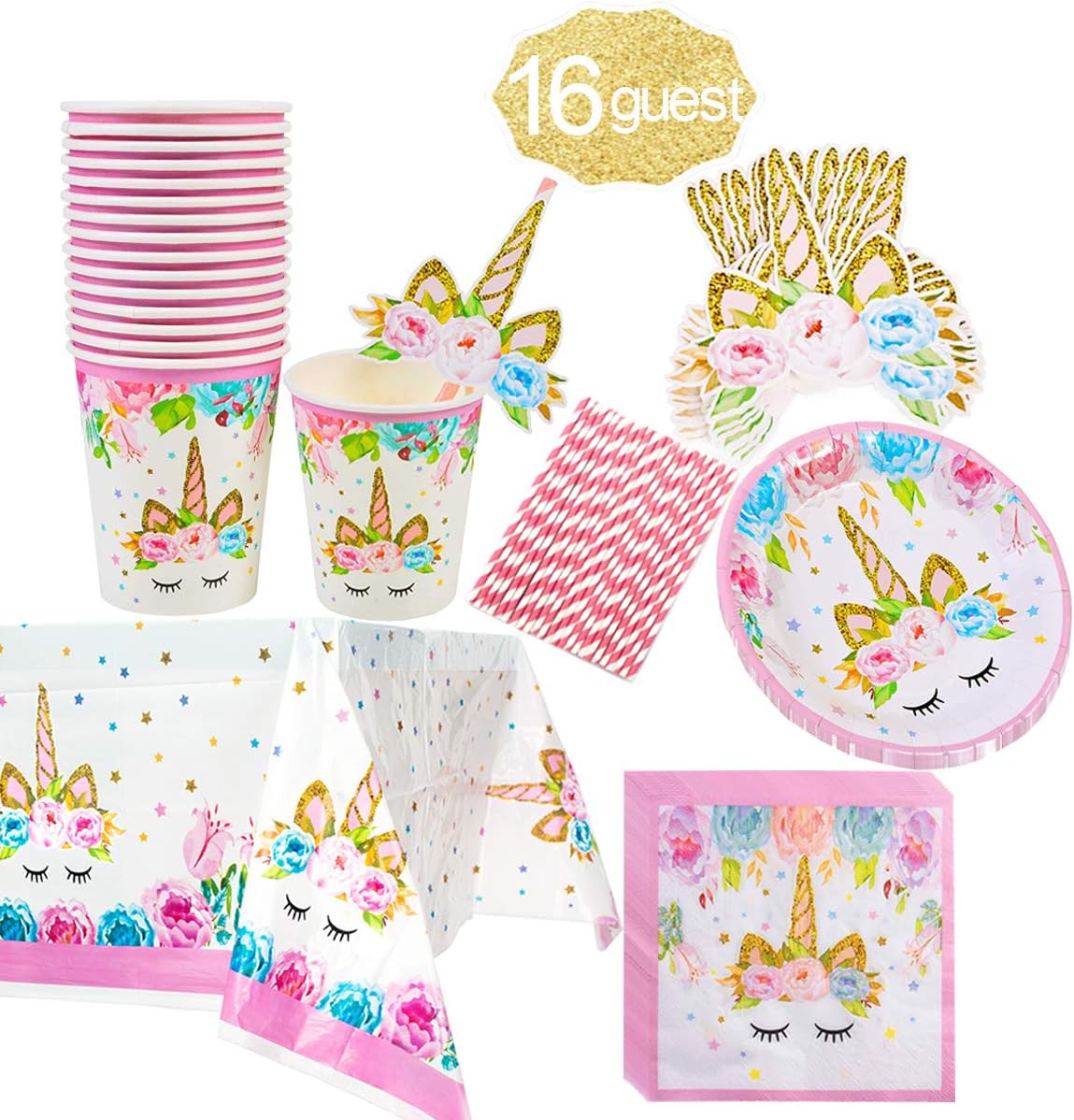 Unico Themed Party Supplies Set,Cake Plates,Cups,Napkins,Tablecloth,Straws&Decoration,Paper Disposable Tableware Set for Girls Children Birthday Party or First ,Baby Shower, Serves 16 Guests