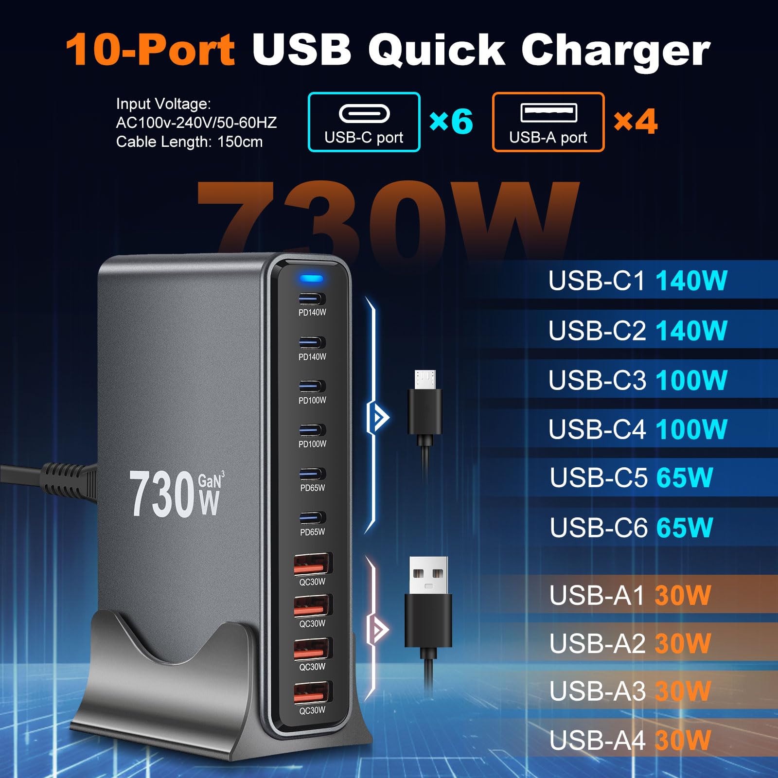 Chargeur USB C 730 W, multiple, 10 ports, station de charge rapide avec bloc d'alimentation 6 -C et 4 A pour MacBook Pro/Air, iPad Pro/Air, Samsung etc