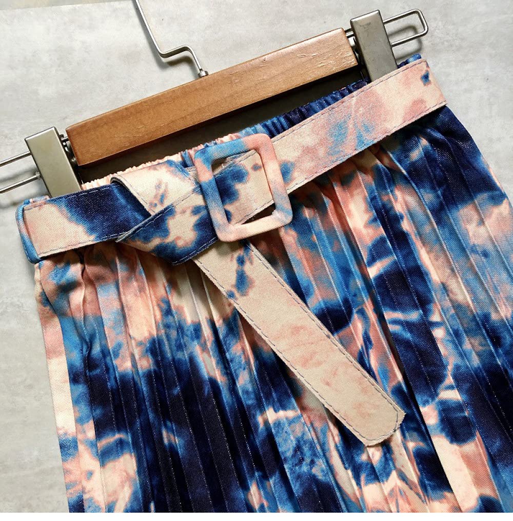 Falda para Mujer,Faldas Midi De Cintura Alta Tie Dye Acordeón Fruncido Verano Moda Casual Falda Plisada De Una Línea con Cinturón para Niña Fecha De Vacaciones Carnaval Fiesta De Bodas