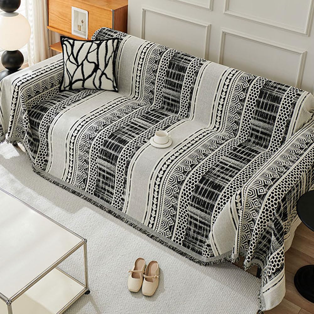 Highdi Sofa Throws Large, Extra Large Throws for Settees, Boho Chenille Versatile Soft Throw Blanket with Tassels for Settees Couch Sofa Bed Armchair (180x380cm,Black)