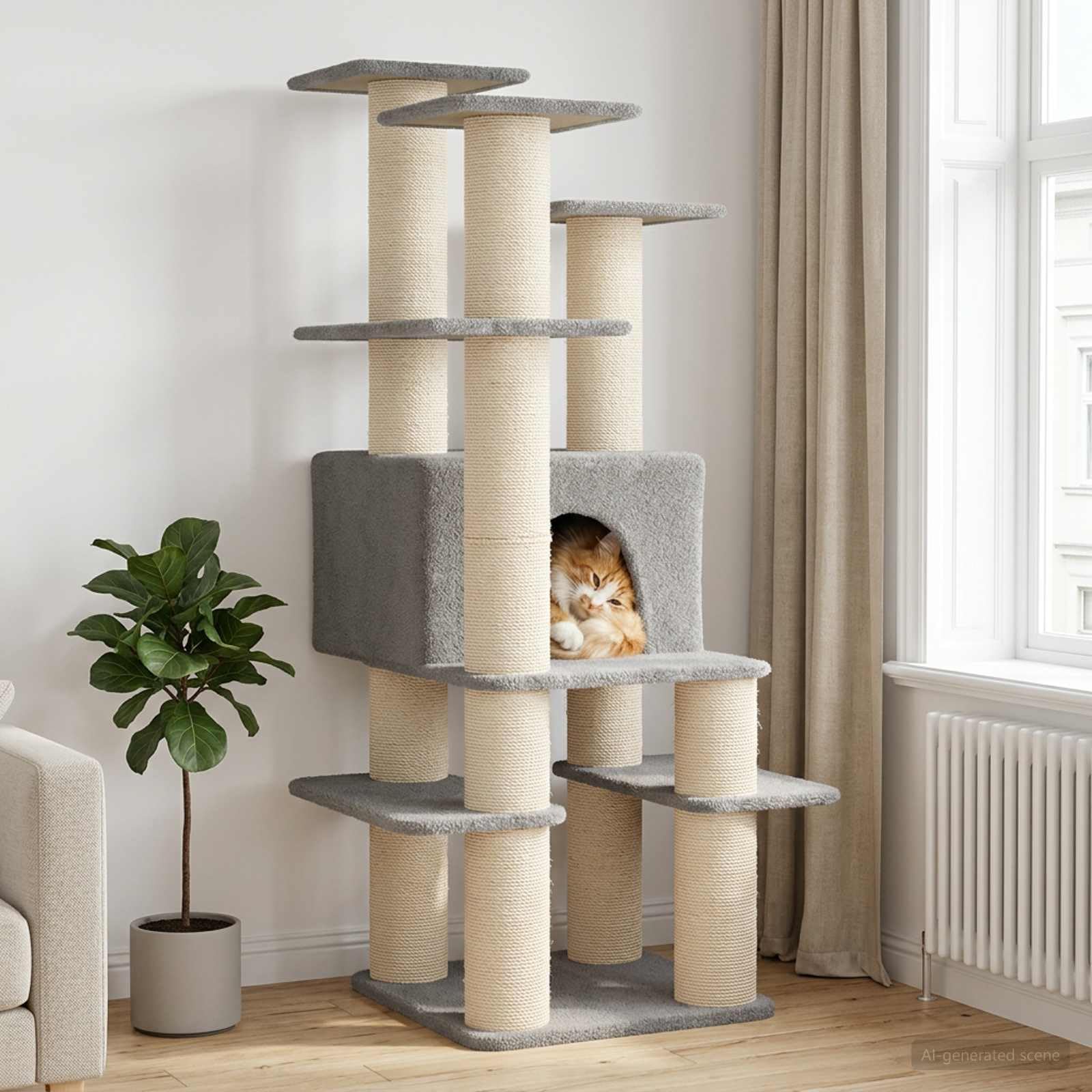 Árbol rascador de 161 cm, color gris claro, con cueva y tronco de sisal | Árbol rascador para gatos de varios niveles hecho de madera y felpa. Parque infantil ideal para la sala de estar.