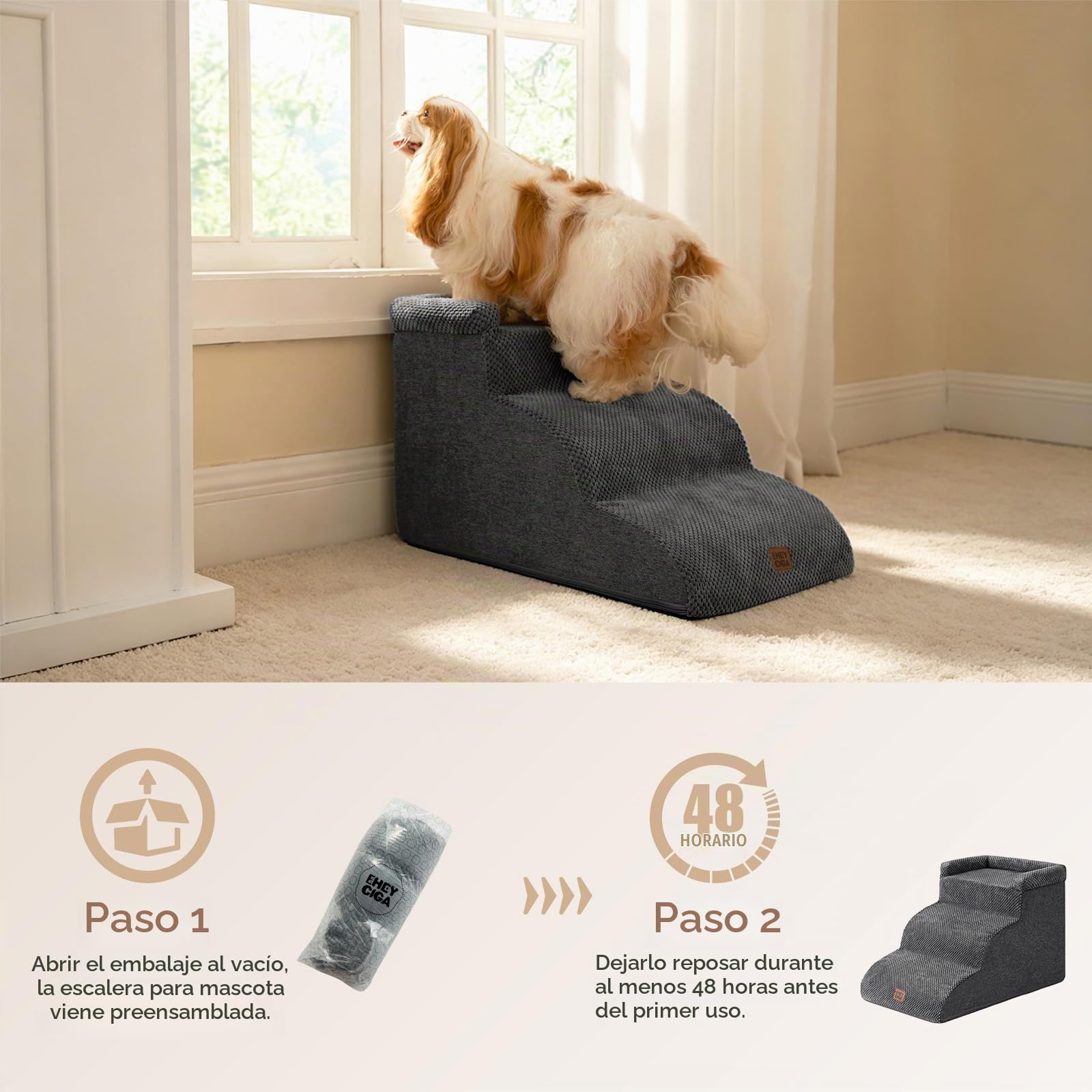 EHEYCIGA Escalera Perros 3 Peldaños, Rampa Perro para Cama y Sofá, Gris | Espuma Alta Densidad, Base Antideslizante, Funda Lavable, 40x60x35.5 cm, para Perros Pequeños y Grandes, Mascotas Mayores