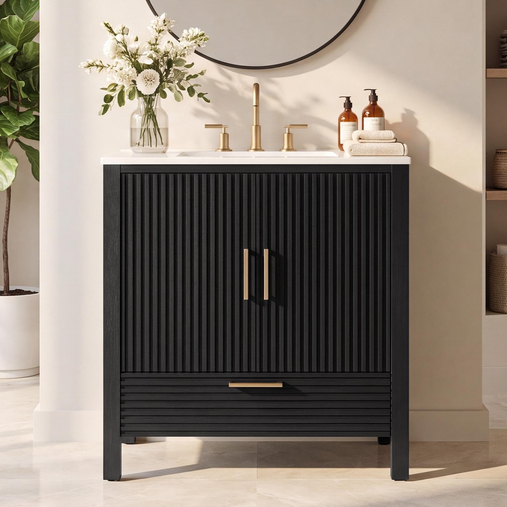 Tribesigns 30-Inch Bathroom Vanity with Sink, Modern Bathroom Sink Cabinet with 1 Drawers & 1 Door Cabinet, Bath Storage Vanity Sink with Metal Handles, Solid Wood Frame, Paint Surface Black